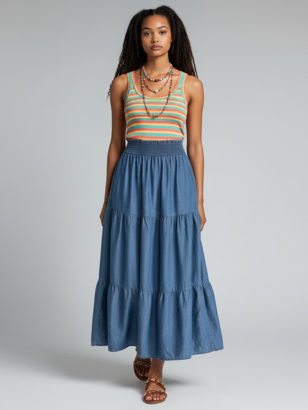 Jolie & Joy Tiered Denim Blue Chambray Maxi Skirt with Smocked Waist - Large